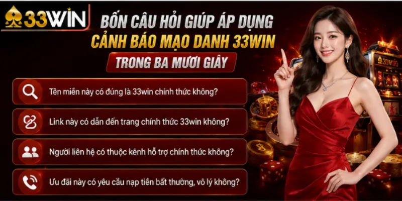 Cảnh báo mạo danh 33Win – Ba dạng giả danh và cách lật mặt trong 30 giây 4 Bốn câu hỏi giúp áp dụng cảnh báo mạo danh 33Win trong ba mươi giây